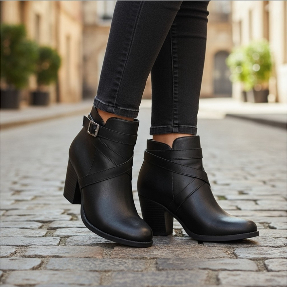 Style & Co Buckle Criss Cross Strap Boots Booties SZ 8 M BLACK